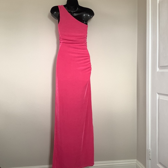 Princess Polly Aligned Pink One Shoulder Side Cutout Ruched Side Slit Maxi Dress - Picture 9 of 12